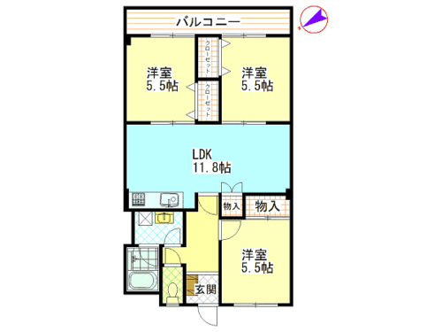 広島市安佐南区緑井4丁目の賃貸マンション<br>幼稚園・保育園・小学校近くがお子様連れ世帯に向いた3ＬＤＫ物件<br>ＪＲ駅へも徒歩圏内が通勤にも便利で室内はネット無料です